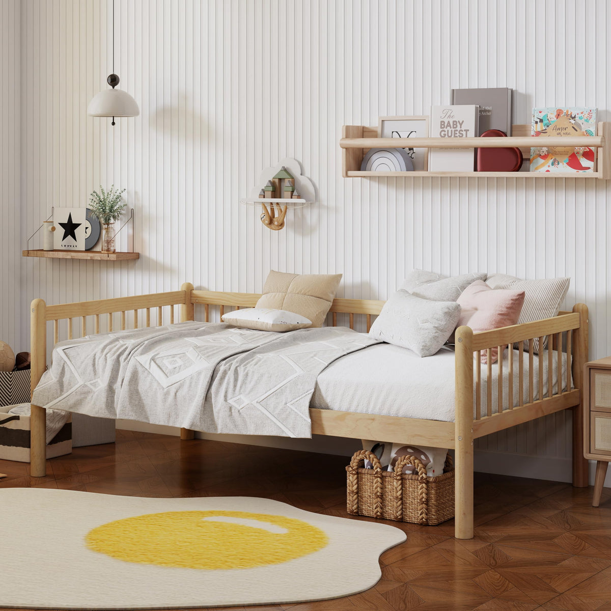 Natural Twin Pine Wood Daybed with 3-Side Guardrails
