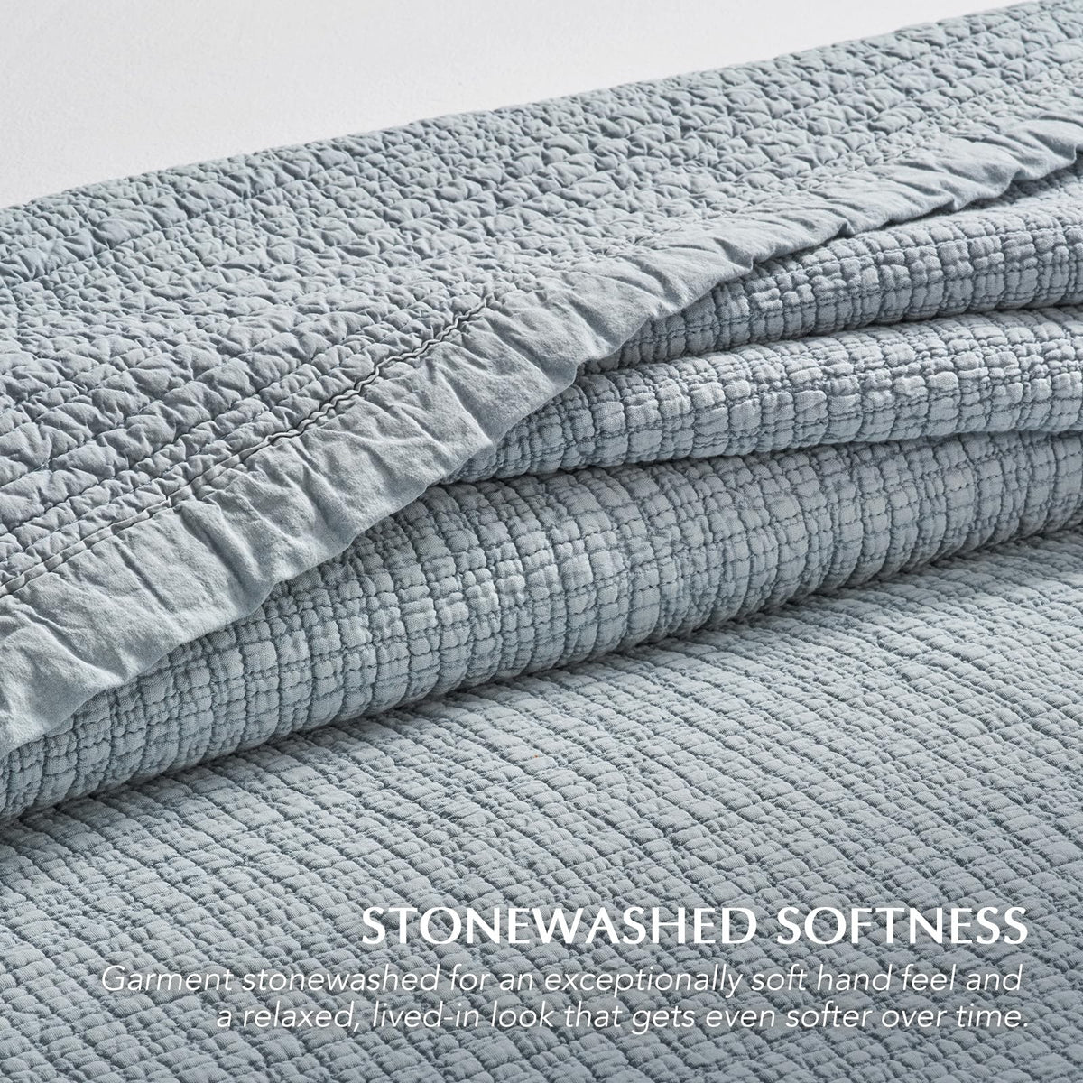 Stonewashed Textured Cotton Quilt Set, Blue Linen