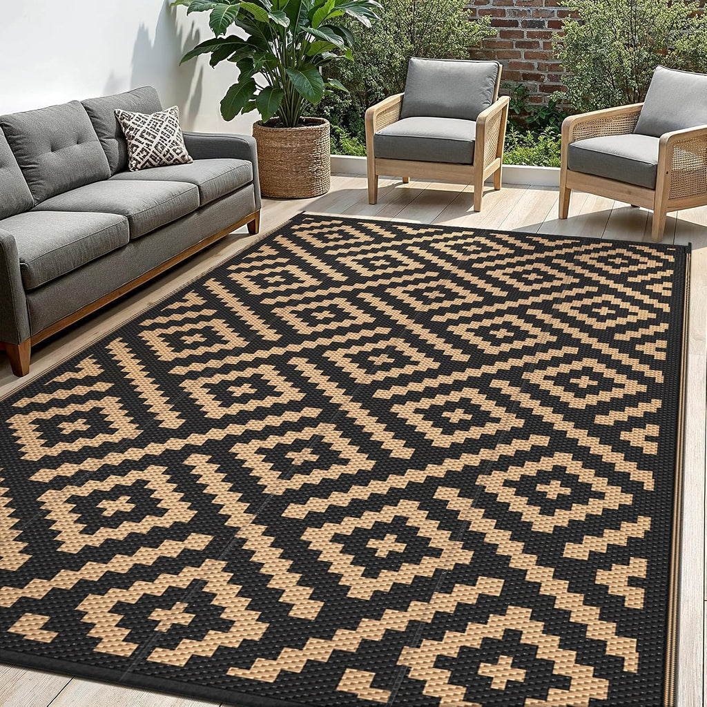 Outdoor Rug, Waterproof Plastic Rugs, Black Brown