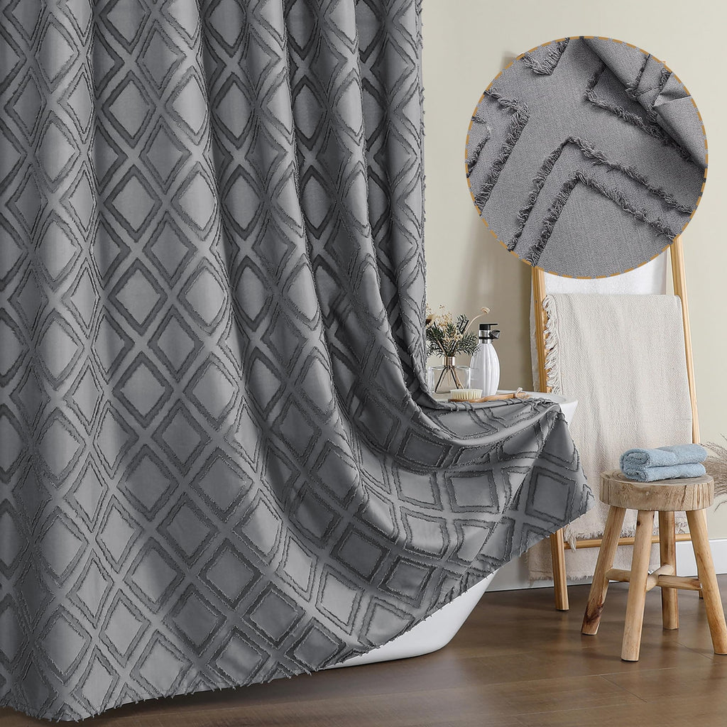 Extra Long 96 Inch Grey Shower Curtains, Boho Fabric Shower Curtain Grommet Top With 12 Hooks, Elegant Modern