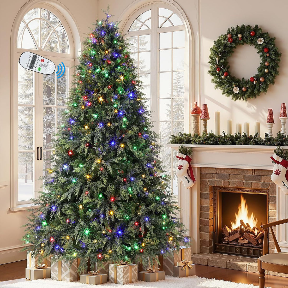 Prelit Artificial Cypress Christmas Tree, Dual Color Lights