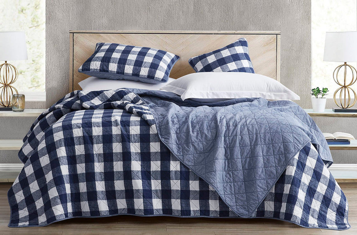 3-Piece Blue White Plaid Cotton Quilt Set - Buffalo Check Solid Reversible Bedspread - Pre-Washed Cotton Lightweight