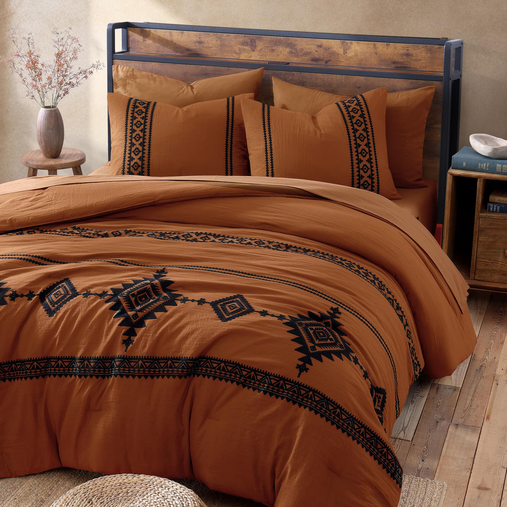 Embroidery Queen Comforter Set 7 Pieces Burnt Orange Bed in a Bag