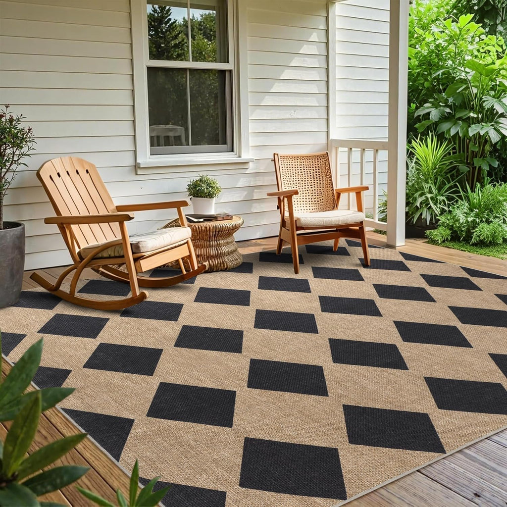 Checkered Easy Jute Rug 8x10 Outdoor Rug Large Washable Area Rugs for Living Room Bedroom Non Slip Neutral Farmhouse