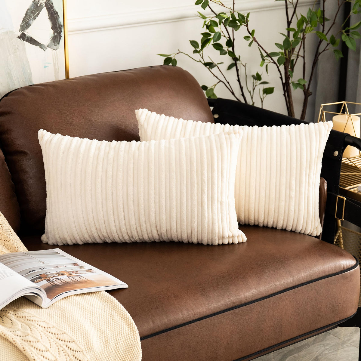 Pack of 2, Velvet Pillow Covers Striped, Soft Textured Throw Cushion Case Set, Accent Corduroy Lumbar Pillowcases