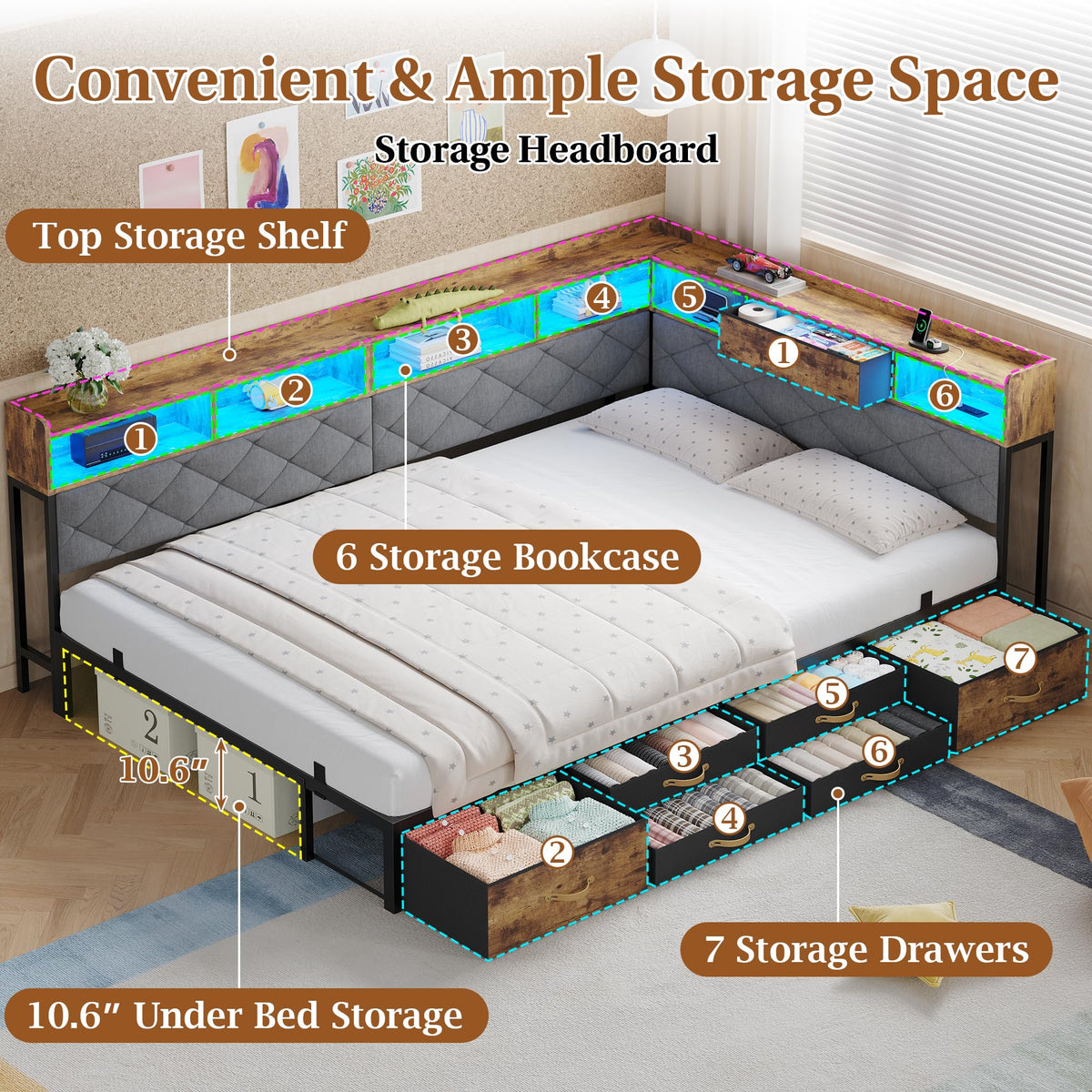 Corner Bed Frame with 7 Drawers, LED Lights, Rustic Brown