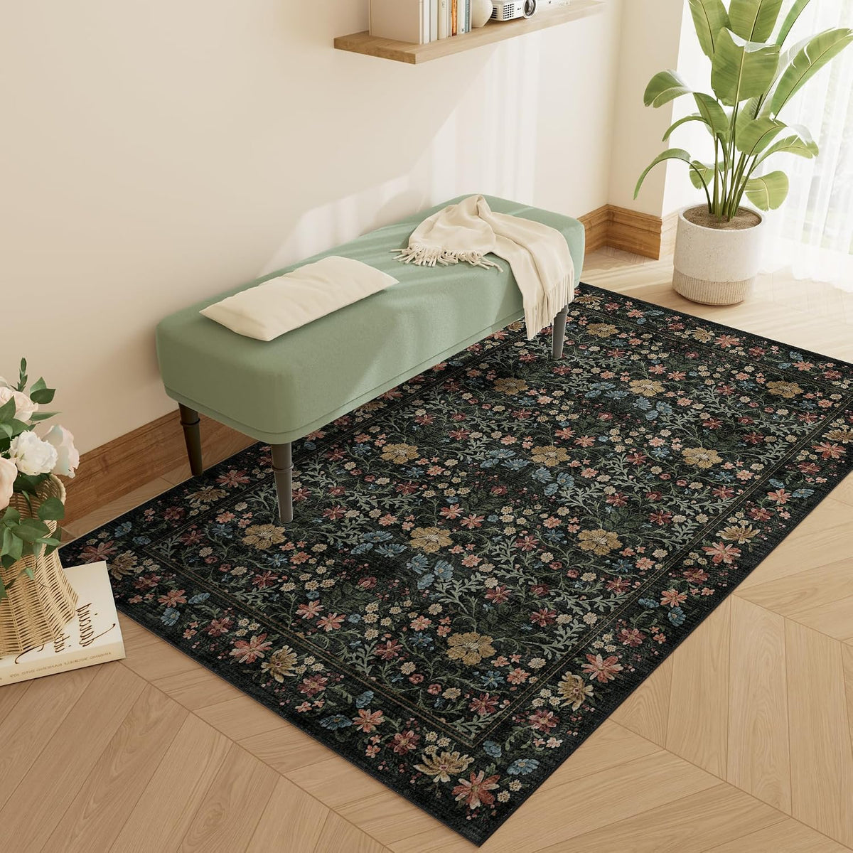 Rug, Washable Vintage Floral Bedroom Area Rug Non Slip, Black