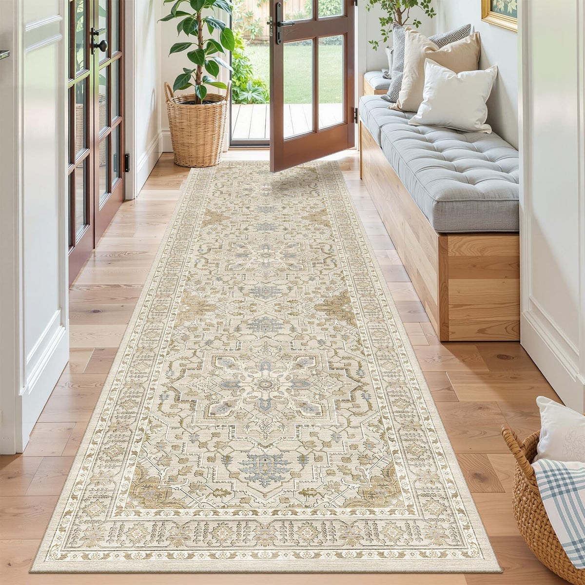 Kitchen Runner 2'6''x8' Soft Rug Runners s, Beige/Blue