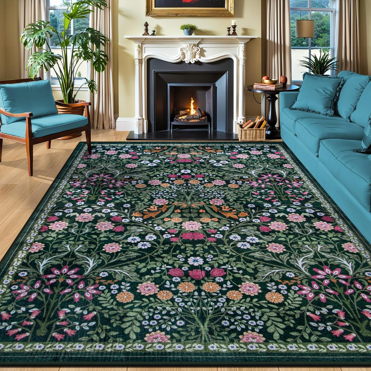 Area Rugs for Living Room: Floral Washable Rug Vintage Large Soft Boho Non-Slip Carpet Stain Resistant Low Pile