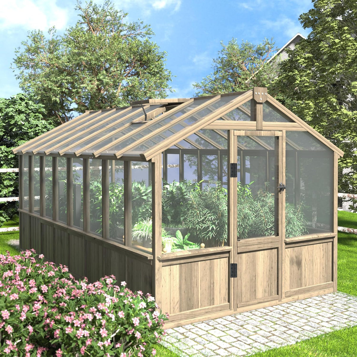 8x16 FT Greenhouse, 6MM Thick Polycarbonate Panel Wooden Walk-in Green House with Adjustable Roof Vents and Lockable