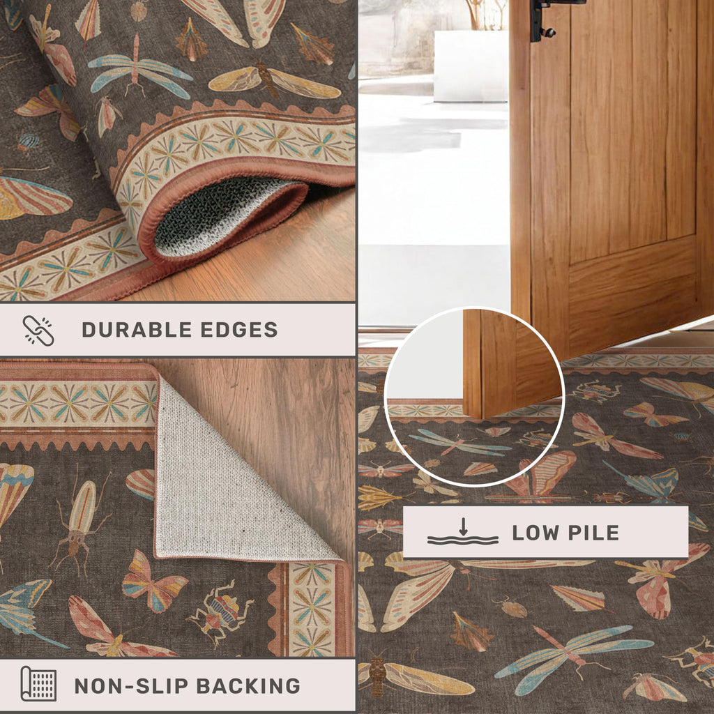 Long Runner Rug, Washable Non Slip Carpet Floor & Entryway, Orange Brown Whimsical Insect Moth Design