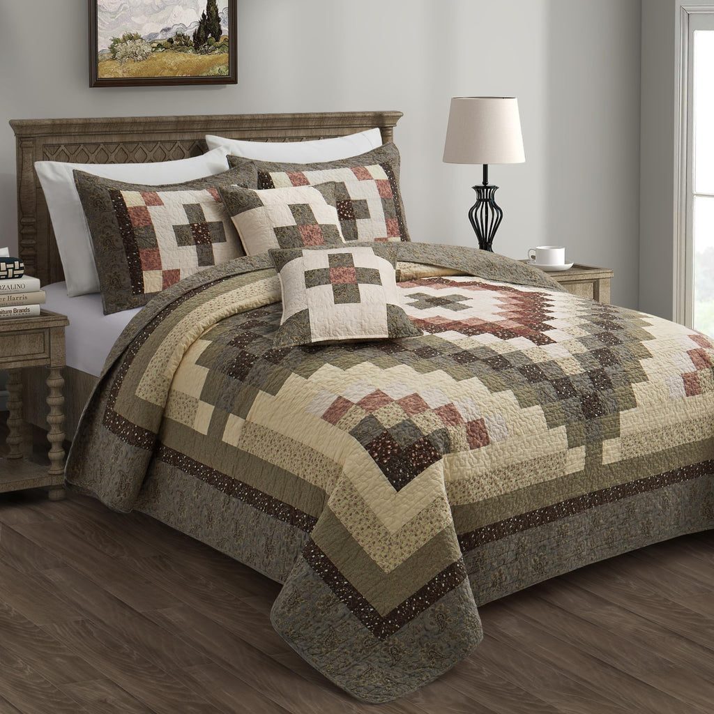 5 Peice Patchwork Quilt Green Cotton Comforter Set