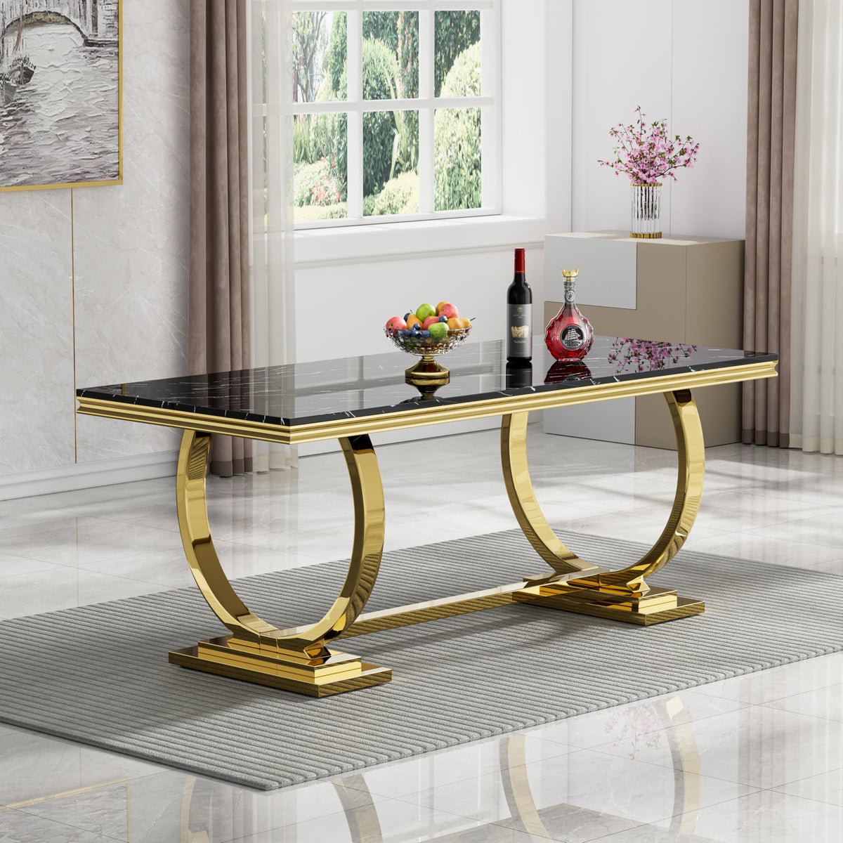 Inspired Saarinen Style 68" Black Marble Dining Table for 6 to 8 Person, Large Rectangular Faux Marble Tabletop & Gold O Shape Pedestal Base