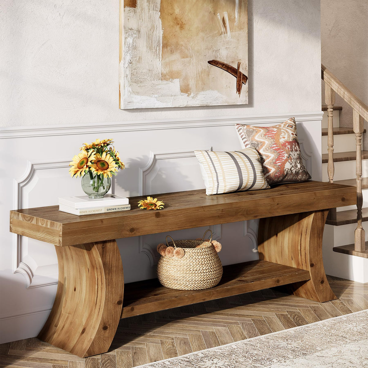 55" Solid Wood Entryway Bench, Rustic Farmhouse Shoe Storage Bench with Thick Curved Legs, Indoor End of Bed Bench