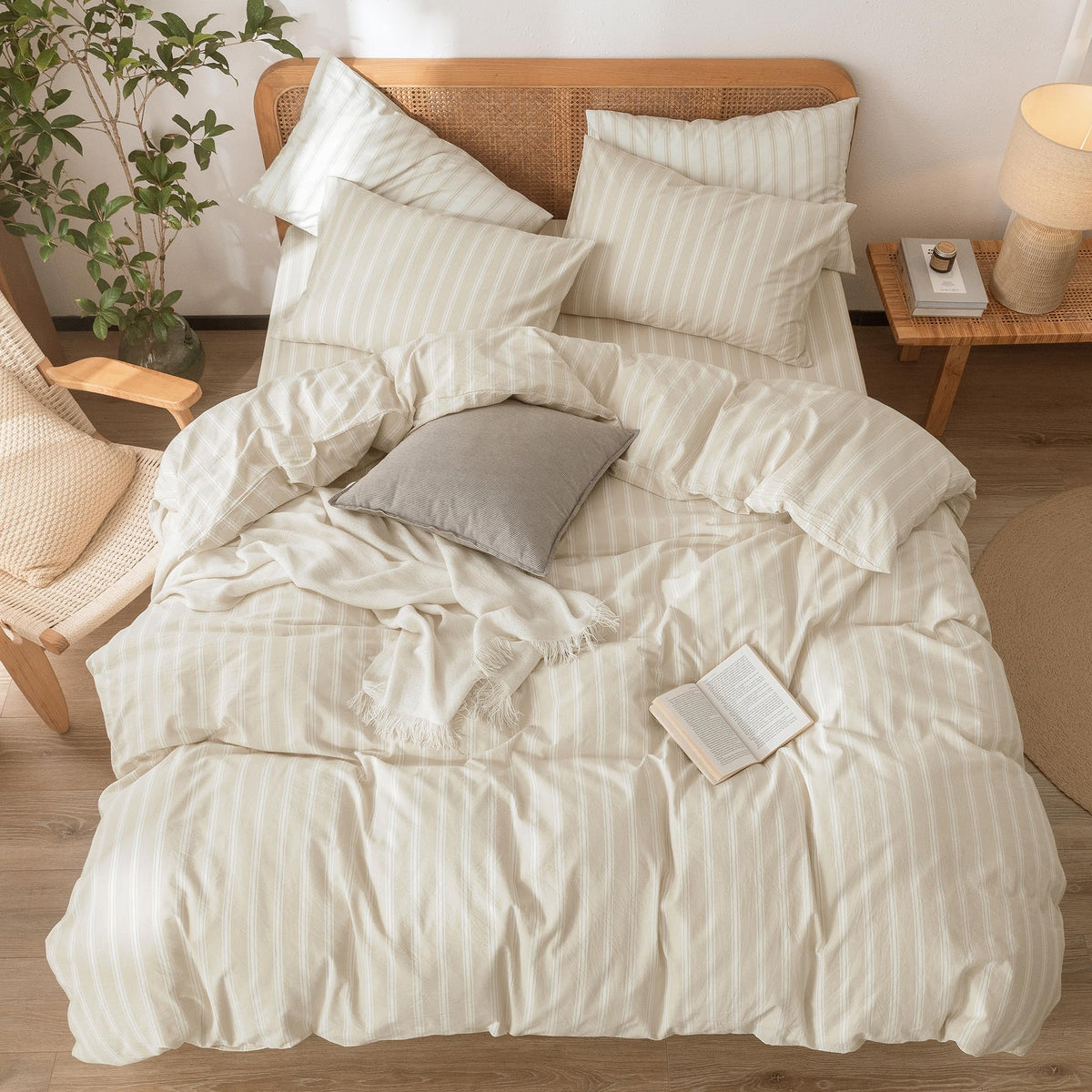 Striped Cotton Duvet Cover Set Linen Feel Super