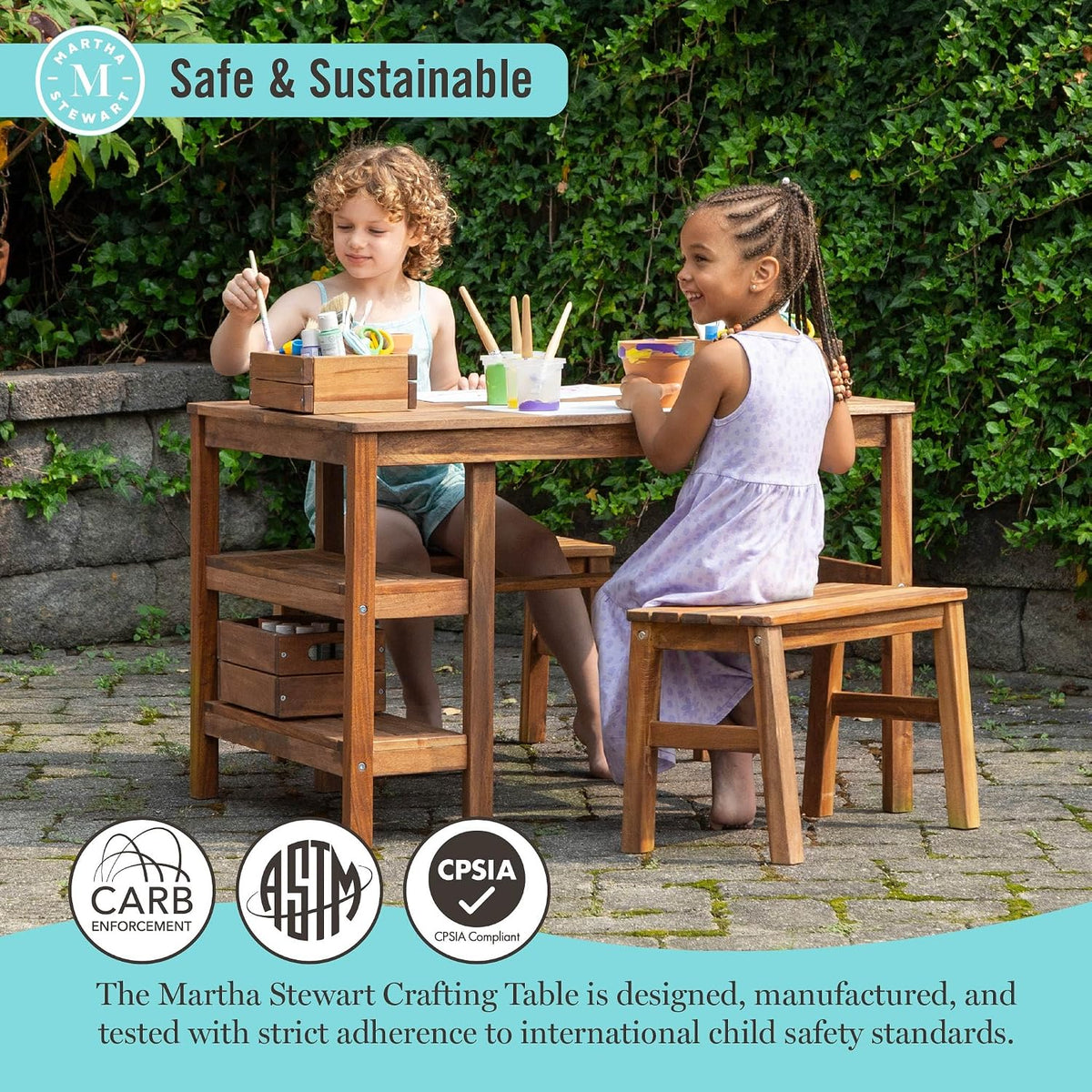 Kids Outdoor Craft Table and 2 Bench Set: Acacia Wood Activity Desk w/Crate, Caddy, and Storage Shelves | Kids Play &