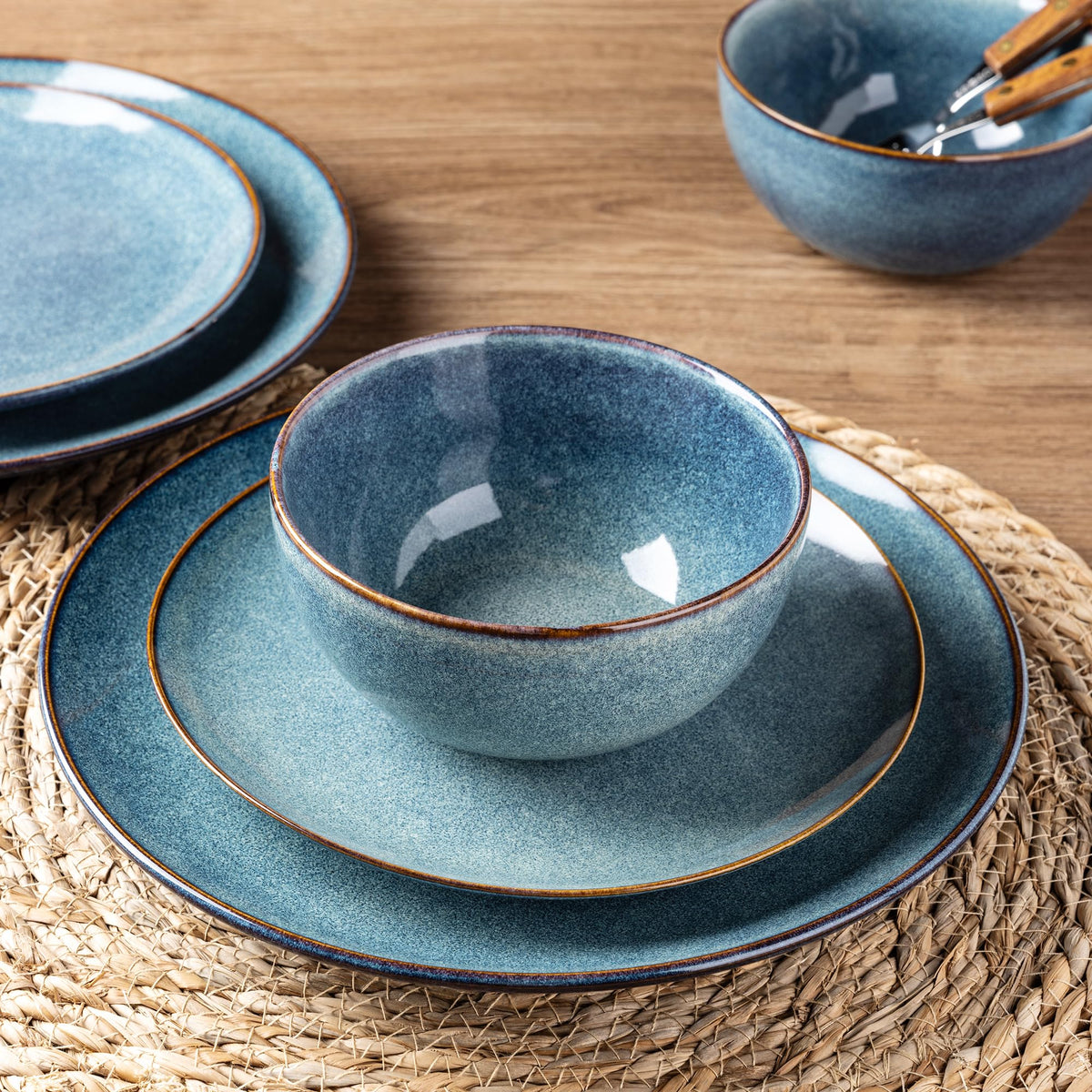 Ceramic Dinnerware Sets for 4, 12 Pieces Handpainted Plates and Bowls Set, Scratch Resistant Stoneware Dishes Set