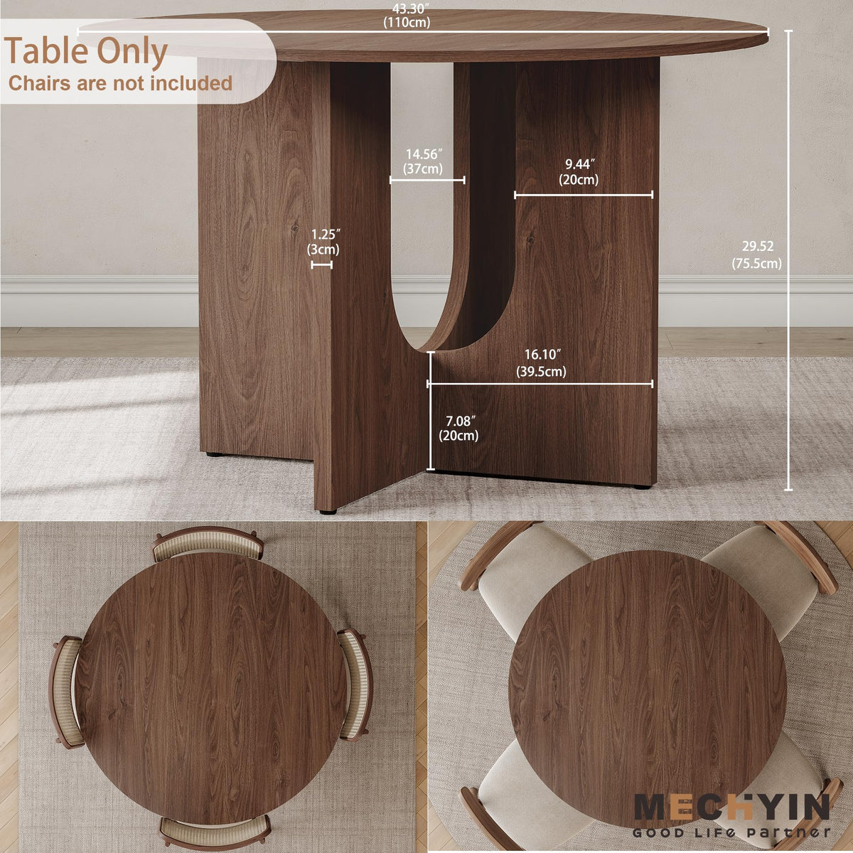 Inspired Saarinen Style Round Dining Table for 4, 43" Mid Century Kitchen Table with Sculptural U-Shaped Pedestal Base, Walnut Dinner Table