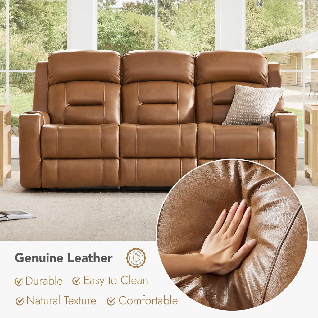 Genuine Leather Power Reclining Sofa & Loveseat Set, Saddle
