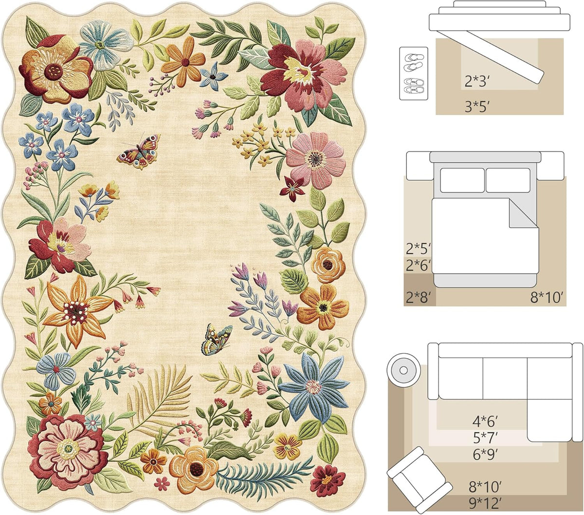 Floral Washable Area Rug Beige Neutral Vintage Flower Botanical Cottage Boho Cream Scalloped Soft Non Slip Low