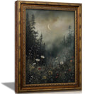 Vintage Gold Framed Moonlit Forest Wall Art, Moody Wildflower Crescent Moon Canvas Print, Retro Gothic Night