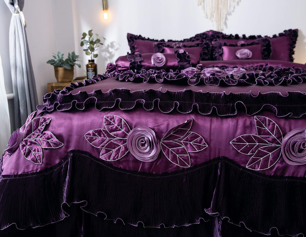 Satin Purple Floral Ruffle Victorian Glam Midnight Bloom 6 Piece Comforter Set, California King