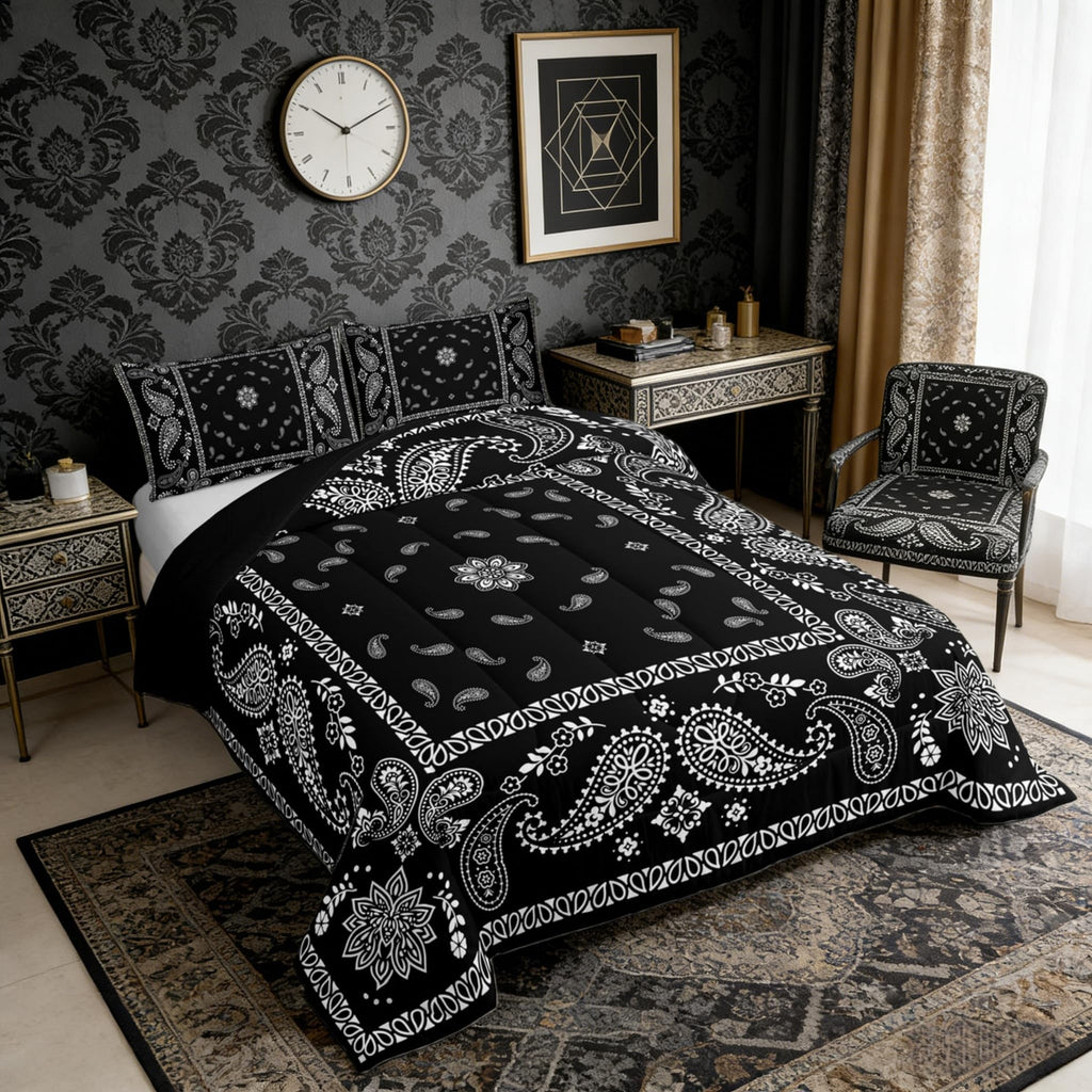Paisley Flower Comforter Set Full Size, Boho Tribal Style Duvet Set Men Women Bedroom Decor, Traditional Datura Lotus