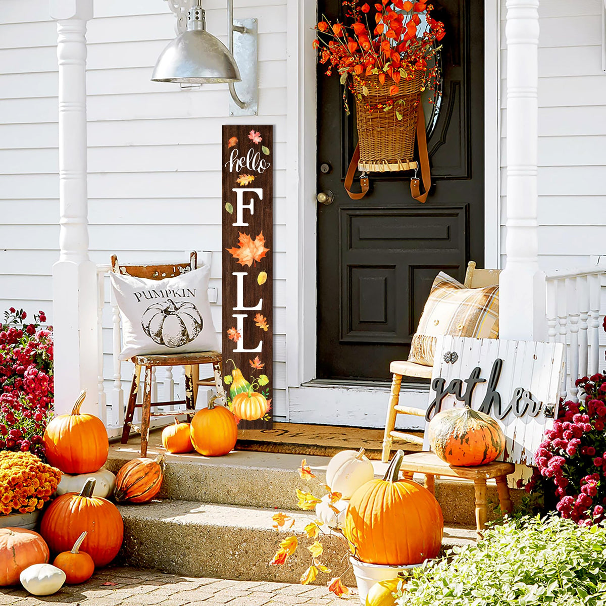 Hello Fall Welcome Sign for Front Porch Standing, Wooden Porch Sign with Leaves for Front Door Decorations, Rustic