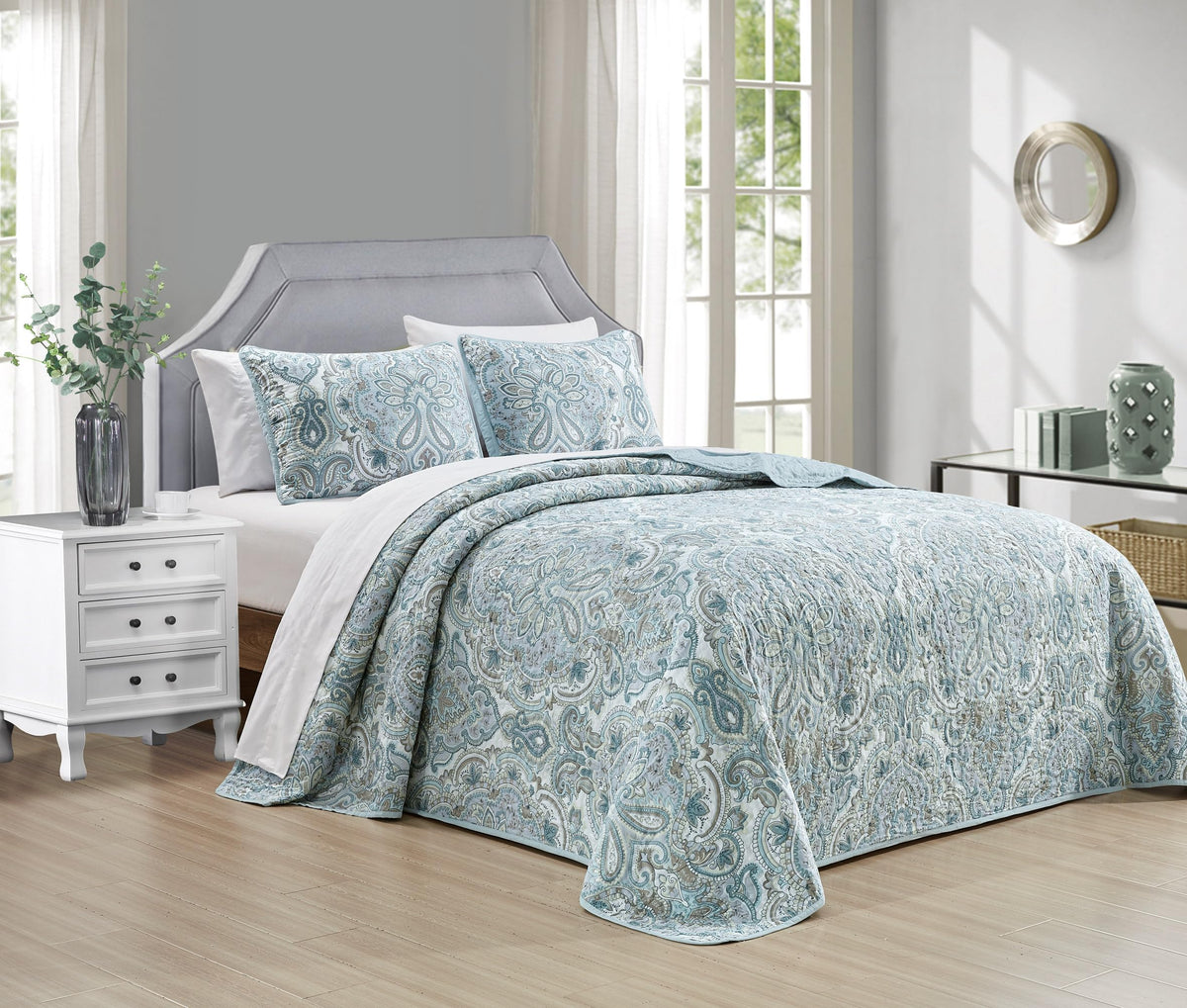 3-Piece Fine printed Oversize (100" X 95") Quilt Set Reversible Bedspread Coverlet QUEEN SIZE Bed Cover (Pale Blue