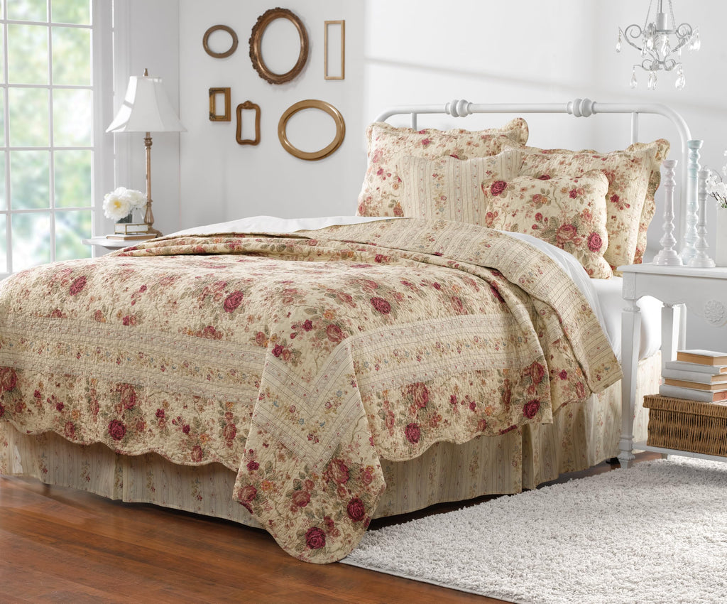 Antique Rose 100% Cotton Heirloom-Quality Quilt Set, 5-Piece King/Cal King, Ecru