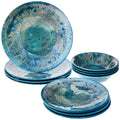 Radiance Teal 12pc Melamine Dinnerware Set - Service for 4 Plates and Bowls Set, Outdoor Dinnerware, Coastal Dishes