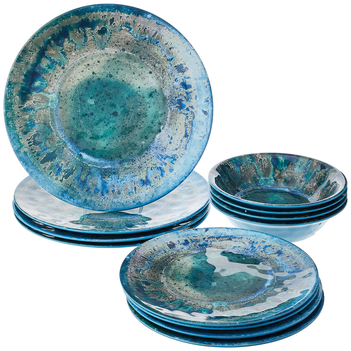 Radiance Teal 12pc Melamine Dinnerware Set - Service for 4 Plates and Bowls Set, Outdoor Dinnerware, Coastal Dishes