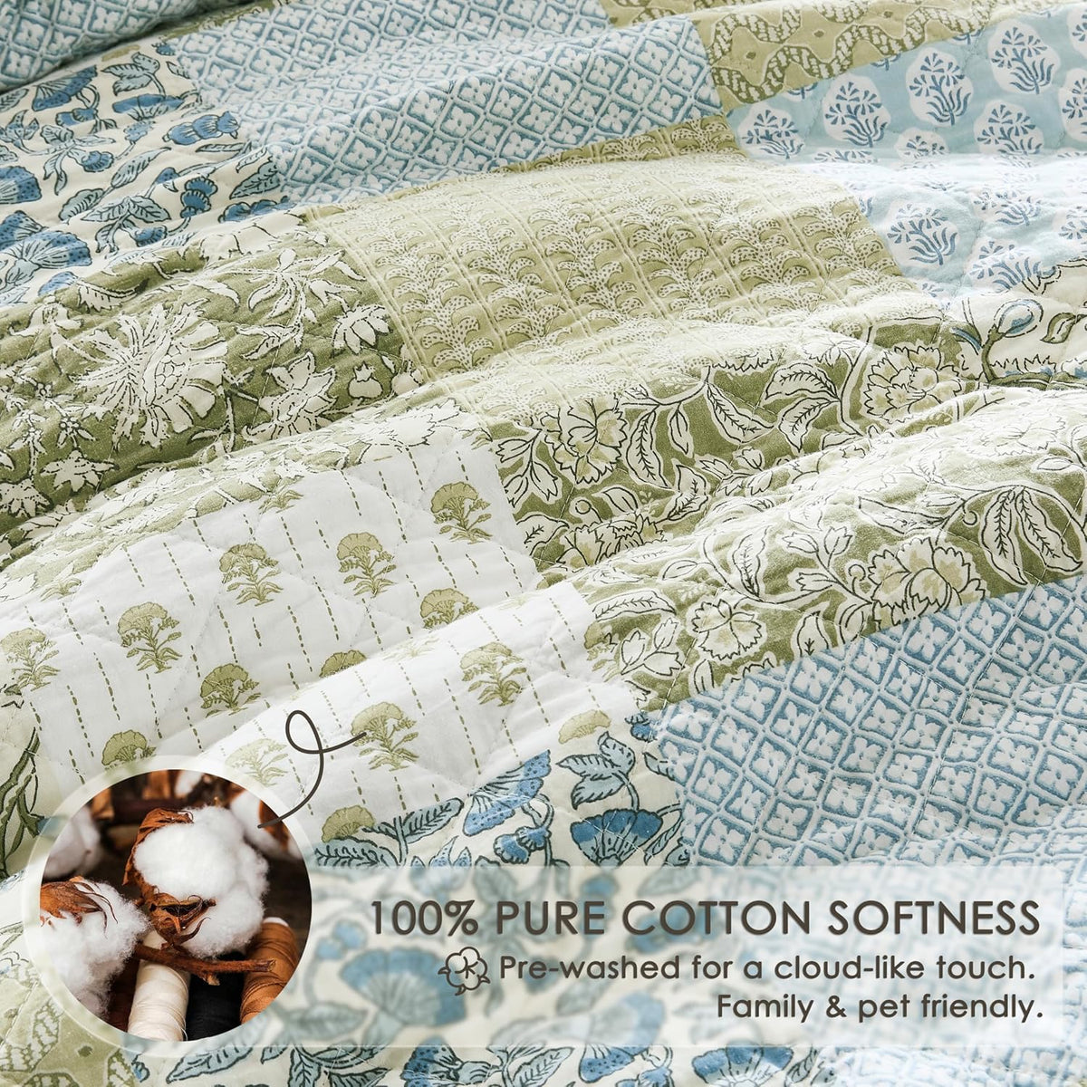 100% Cotton Reversible Patchwork Quilt Queen, Lightweight Farmhouse Vintage Shabby Chic Bedding Set with 2 Pillow