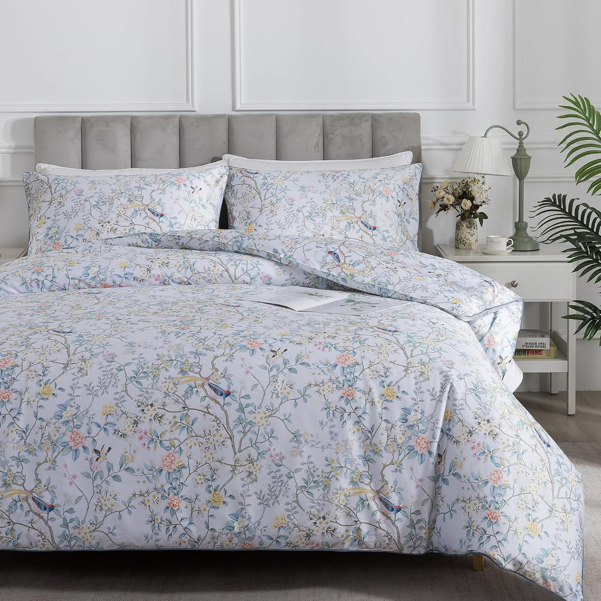 Vintage Botanical Rose Floral Bedding Set 3Pcs Duvet Cover Set 100% Long Staple Cotton Soft Bird Branch Print