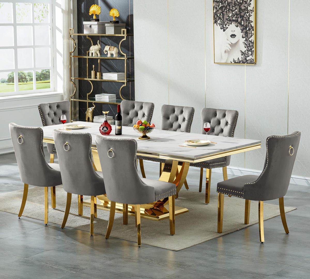 94" Faux Marble Dining Table for 8-10 Gold Stainless Steel Base