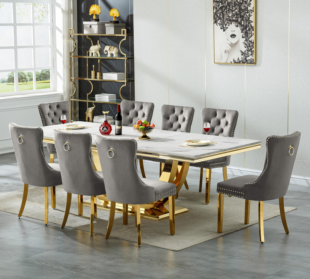 94" Faux Marble Dining Table for 8-10 Gold Stainless Steel Base