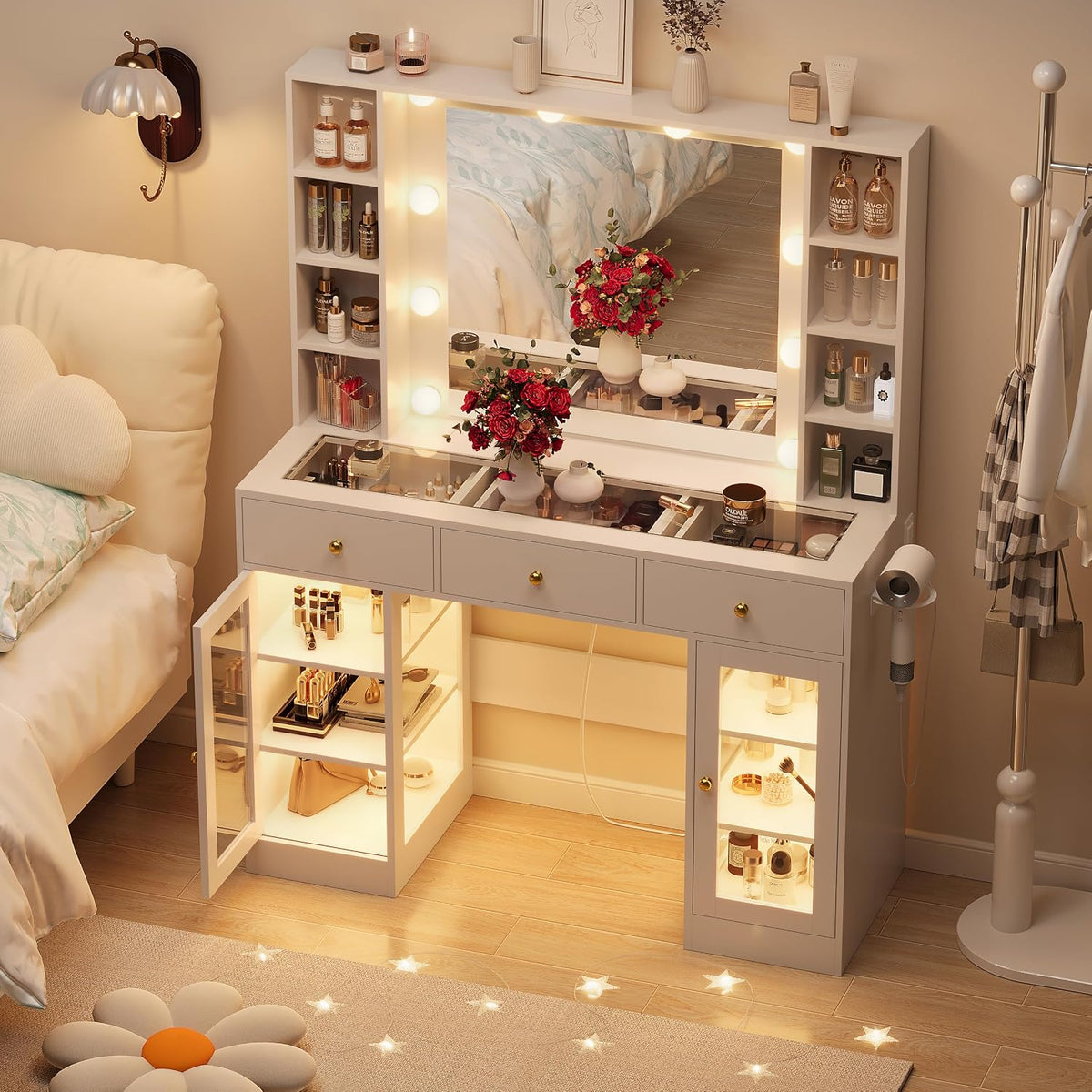 White Vanity Desk with Mirror and Lights, Glass Top Vanity with Lighted Mirror & RGB Glass Cabinet and 3 Drawers