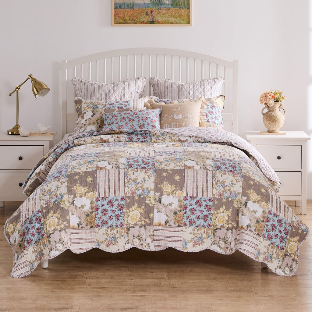 French Country Traditional Patchwork Style Cotton-Rich Quilt Set, 3-Piece, Multi