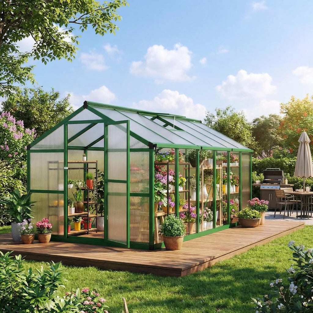 8x12ft Walk-in Greenhouse, Heavy Duty Large Outdoor Green House | Polycarbonate Garden Greenhouse with Roof Vent