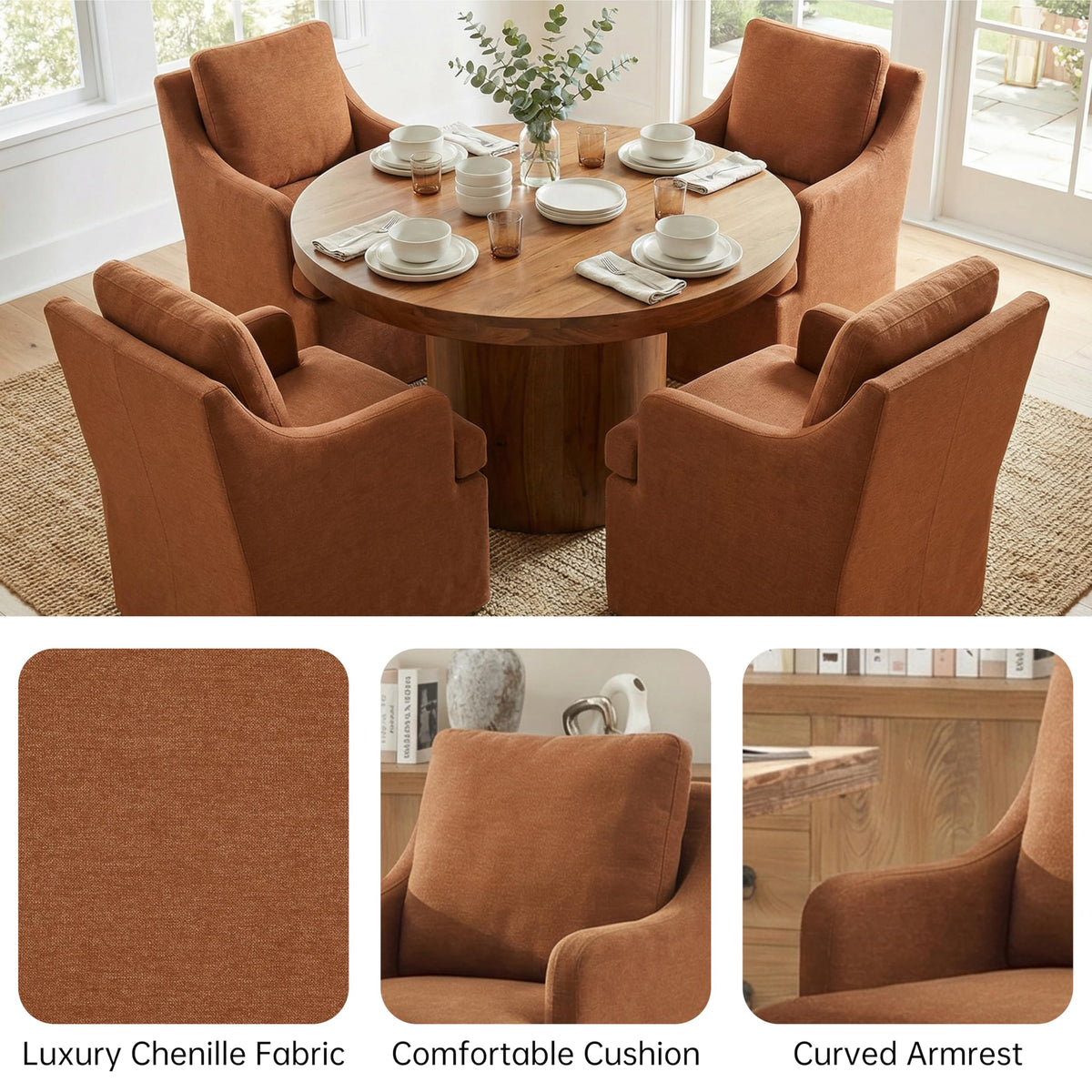 Upholstered Set of 4, Dining Room Chairs with Casters