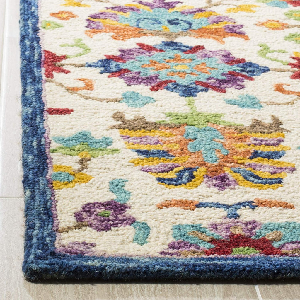 Aspen Collection Area Rug, Ivory & Blue, Handmade Boho Floral Wool, Ideal for High Traffic Areas in Living