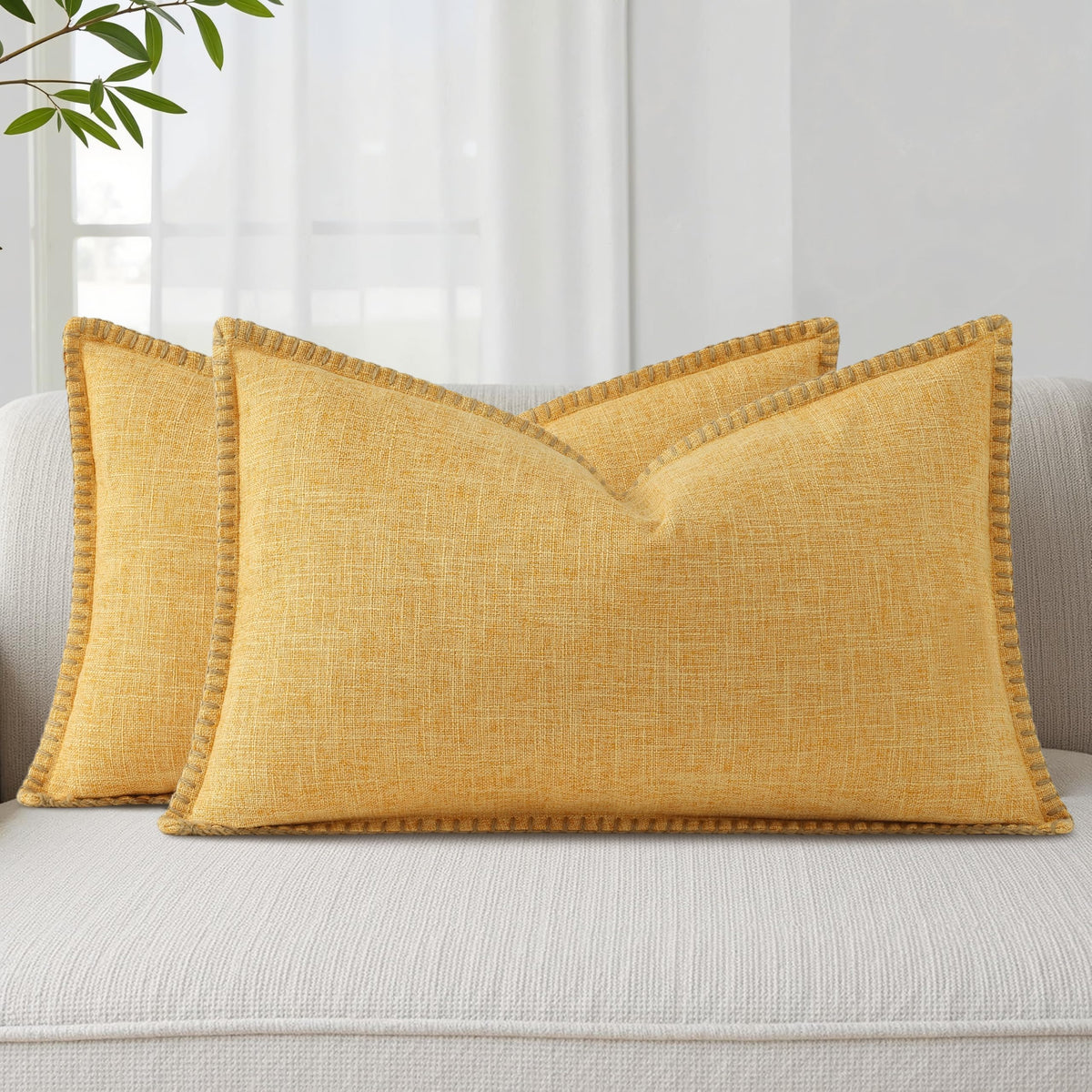 Yellow Faux Linen Outdoor Throw Pillow Covers 12x20 Set of 2
