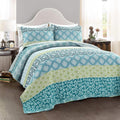 Bohemian Stripe Reversible Cotton Quilt Set, 3 Piece Set, Blue & Green - Striped Bedding Set - Blue Quilt