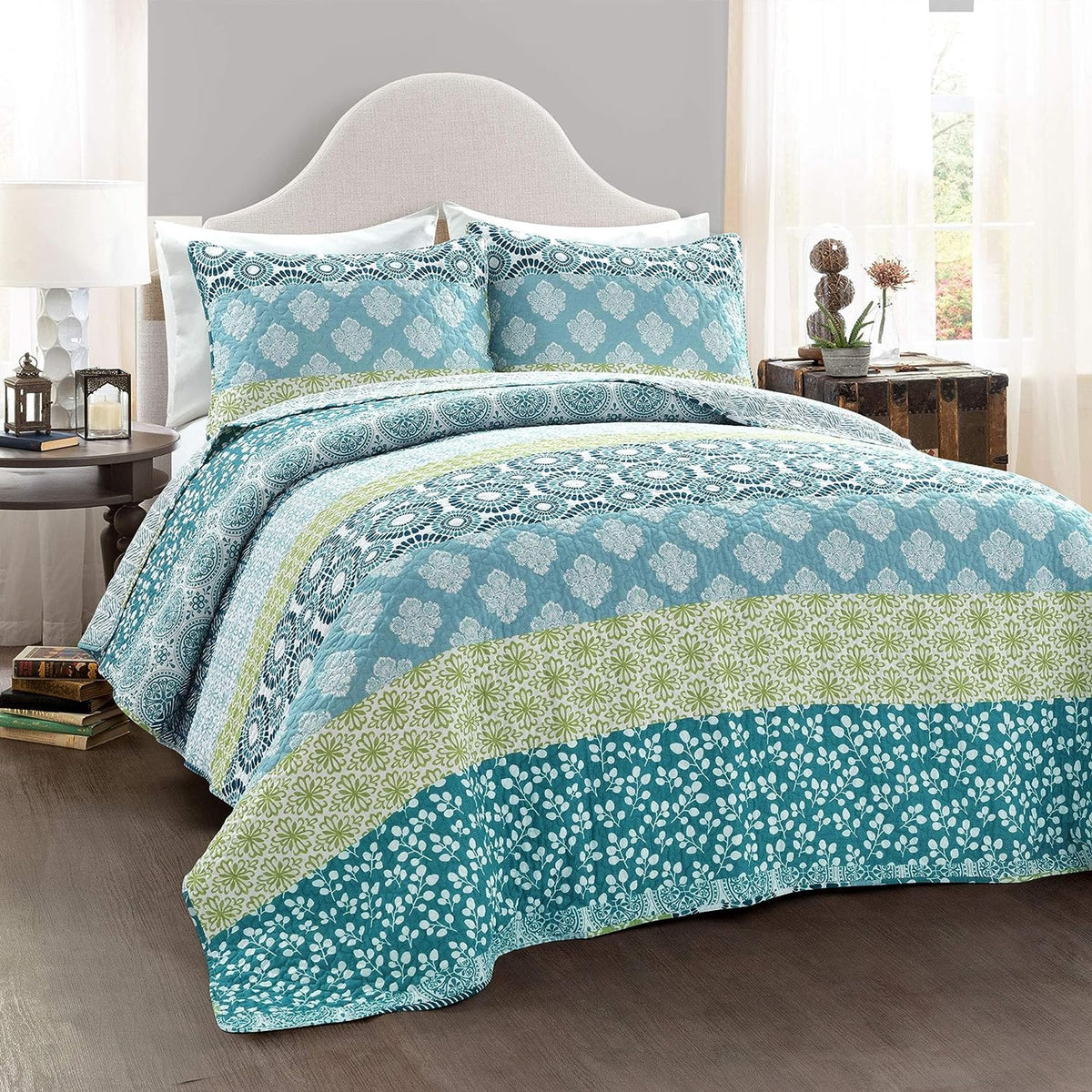 Bohemian Stripe Reversible Cotton Quilt Set, 3 Piece Set, Blue & Green - Striped Bedding Set - Blue Quilt