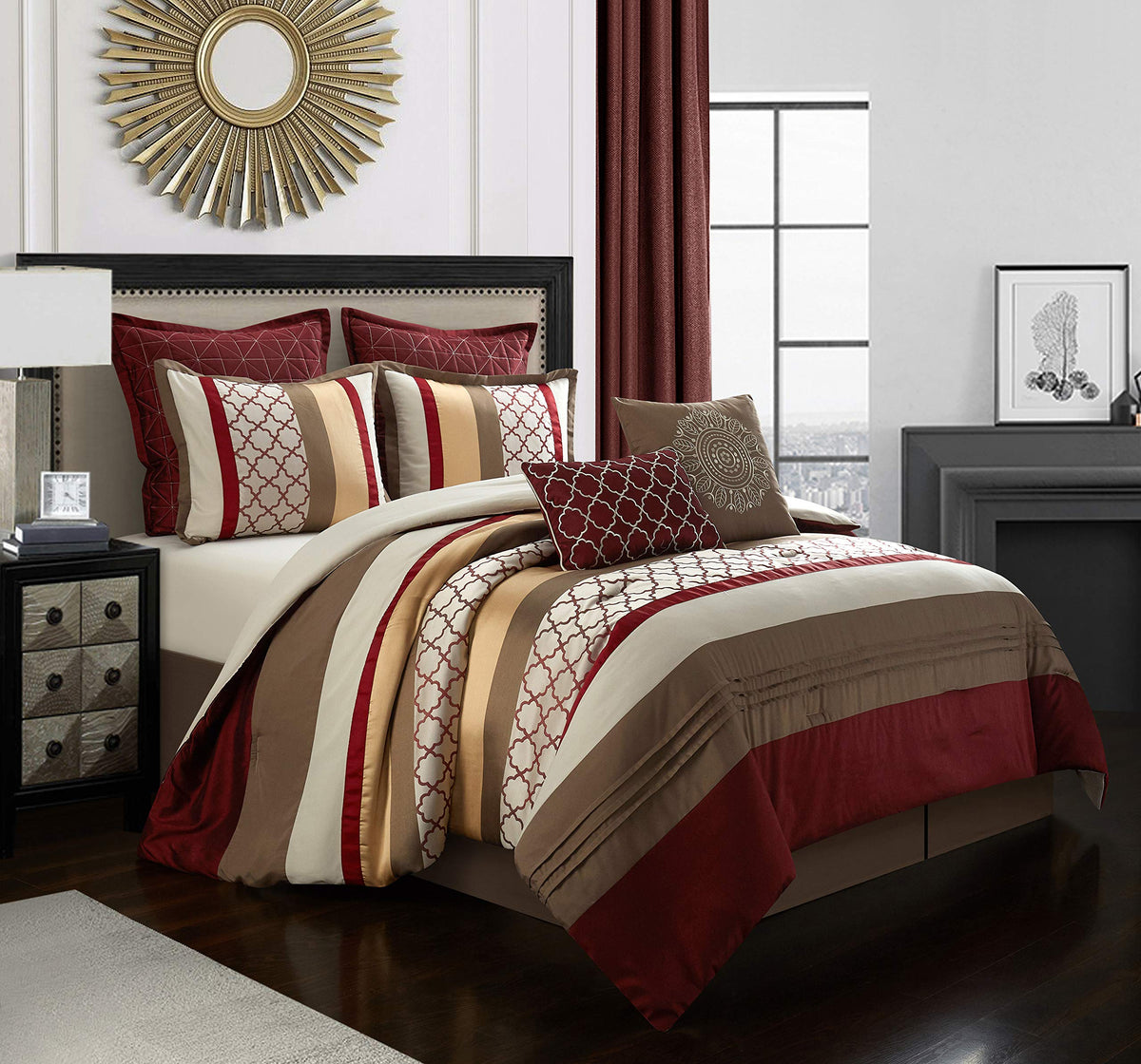 Modern Berry Taupe Comforter Set, Geometric, Jacquard 8 Pieces Bedding Sets All Season with Comforters, Bed
