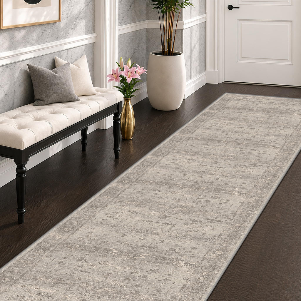 Greige Washable Long Hallway Runner Rug with Non Slip Backing, Kitchen Runner, Low Pile Area Rug, Laundry