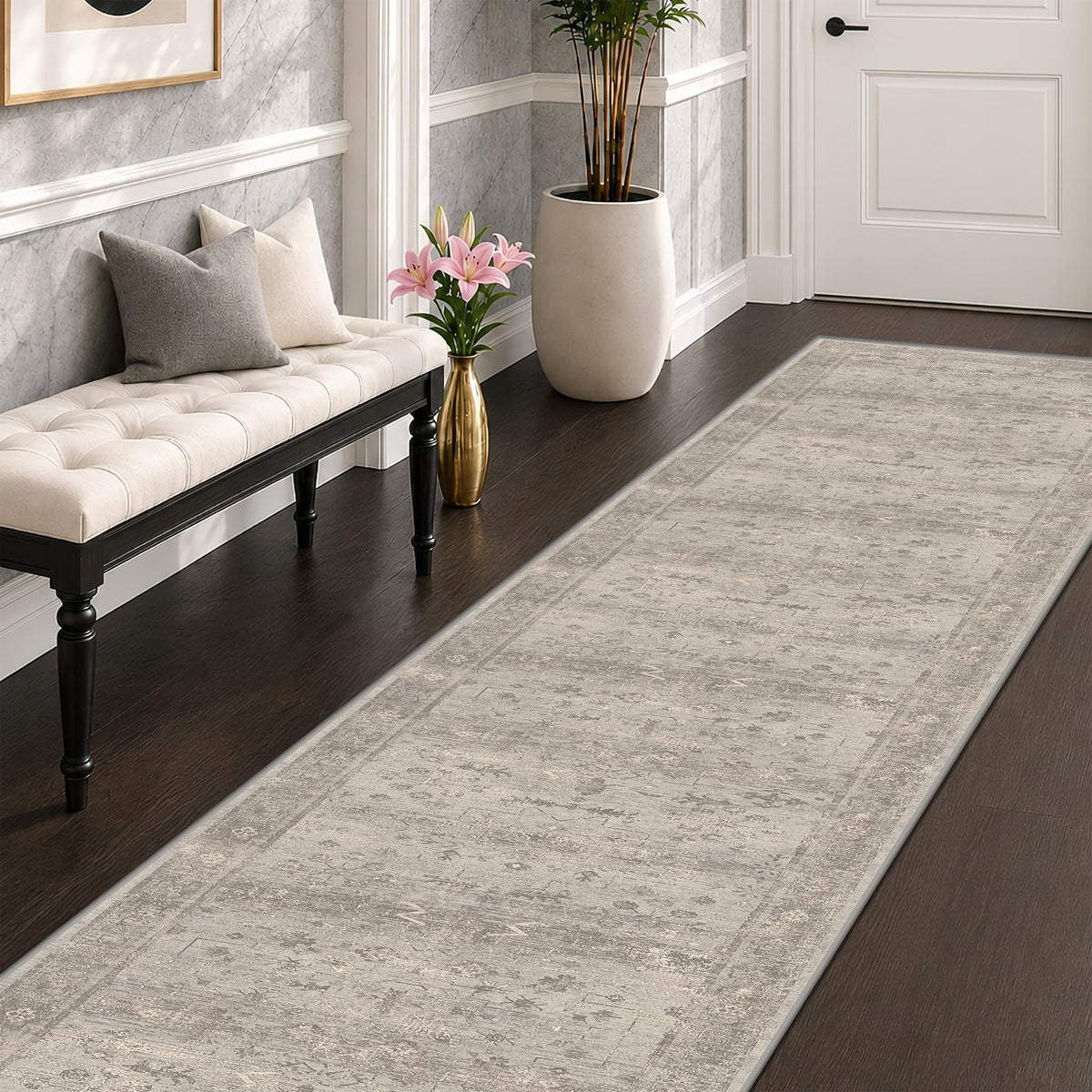 Greige Washable Long Hallway Runner Rug with Non Slip Backing, Kitchen Runner, Low Pile Area Rug, Laundry