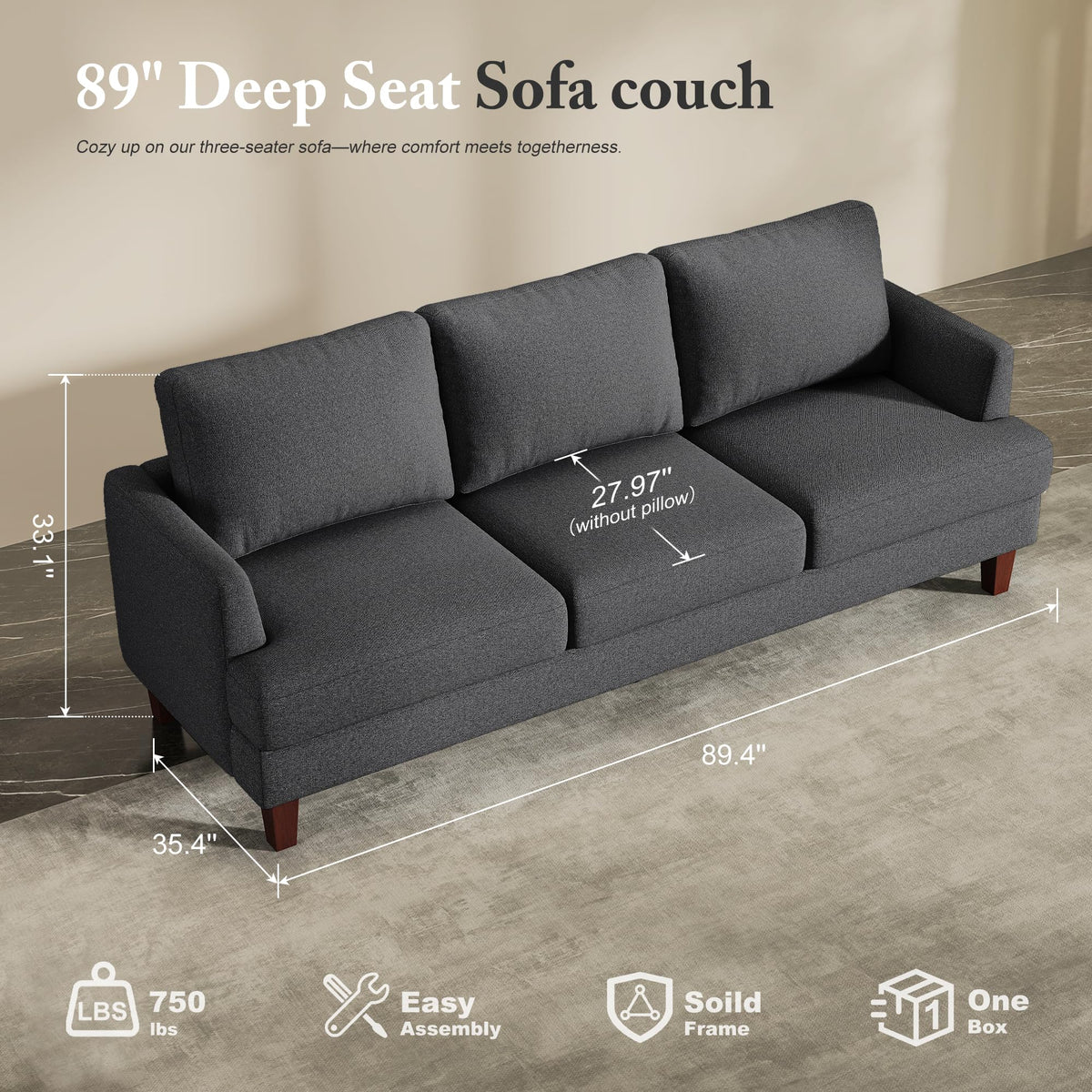 3 Seater Sofa Couches, 89" Deep Seat Couch