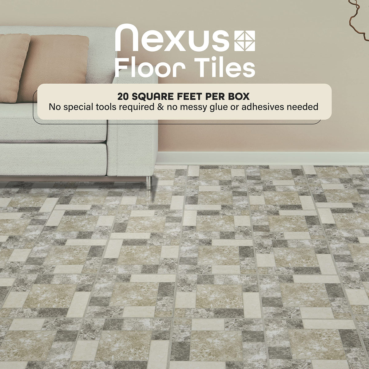 Nexus Self Adhesive 12-Inch Vinyl Floor Tiles, 20 Tiles - 12" x 12", Ancient Beige Mosaic Pattern - Peel & Stick, DIY