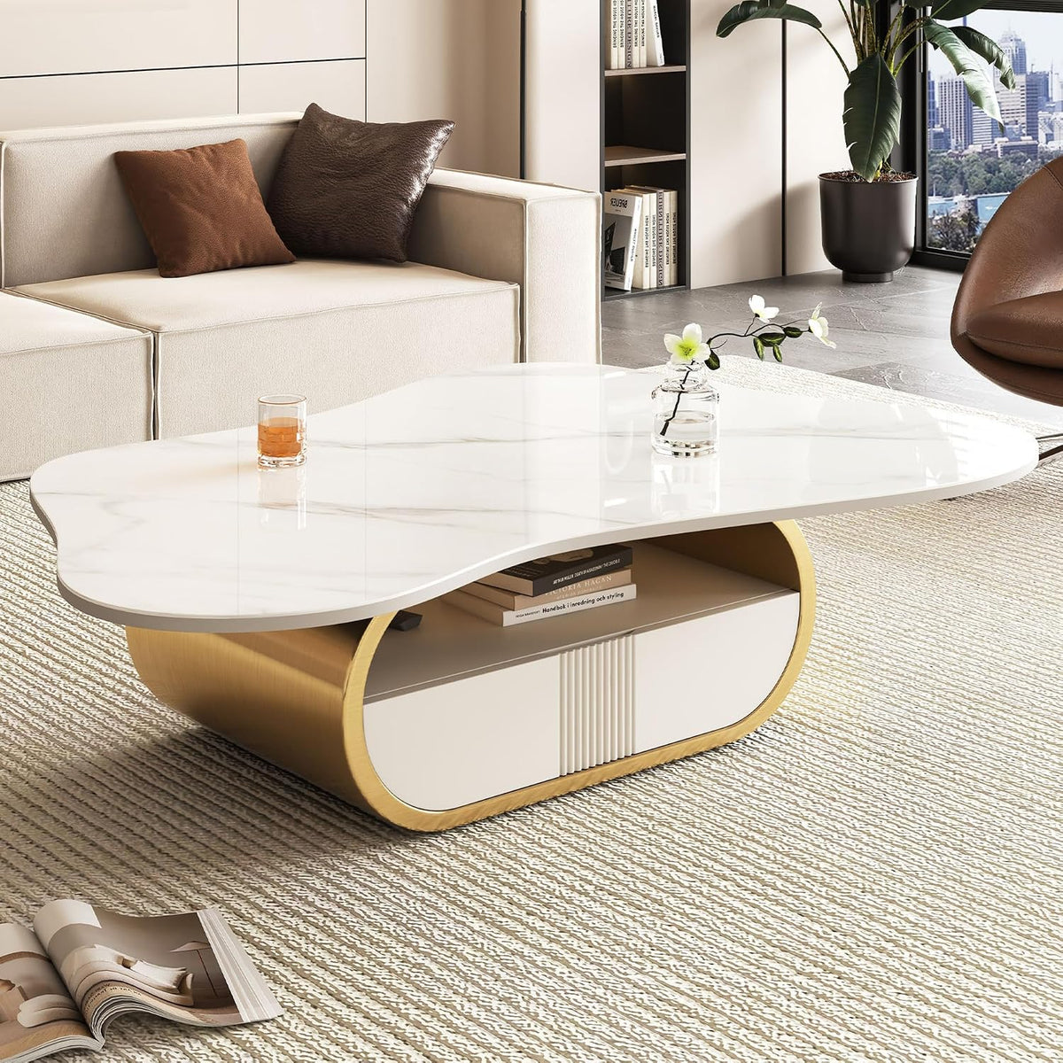 Cloud-Shaped Coffee Table with Sintered Stone Top and Sculpted Base